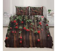 Set Copripiumino Una Piazza e Mezza Rosa Rossa 3D Biancheria da Letto Verde di Campagna 3 Pezzi Morbida Microfibra Copripiumino 200 x 200 cm Copripiumini con Cerniere e 2 Federe a-94