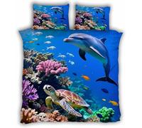 Set Copripiumino Una Piazza e Mezza Tartarughe Marine e Delfini Biancheria da letto Vita Marina in Morbida Microfibra 3D Parure Copripiumino 200x200 cm con Cerniera e 2 Federe 50x80 cm L.3552