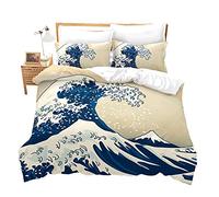 Set copripiumino Wave Ocean Wavesl Set di biancheria da letto disegnato a mano stile giapponese motivi illustrazione Wave Bedding Ukiyoe decorativo a tema con chiusura a cerniera, singolo,