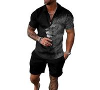 Set corto da uomo, 2 pezzi, polo alla moda, estiva, casual, a maniche corte e pantaloncini, per uomo, Leone Nero Misto Nero, Large