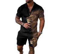 Set corto da uomo, 2 pezzi, polo alla moda, estiva, casual, a maniche corte e pantaloncini, per uomo, Leone Oro Misto Nero, Large