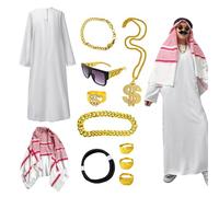 Set costume arabo: vestaglia da sceicco bianco da uomo, accessori cosplay con scollatura, vestiti comodi per feste, feste a tema e costume di carnevale | Idee pratiche per costumi coppia