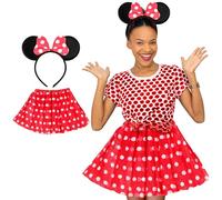 Set Costume Completo da Topolina per Adulti - Cerchietto con Orecchie e Fiocco a Pois + Tutù Rosso con Pois Bianchi per Donna - Costume da Halloween, Travestimento Carnevale e Feste in Maschera