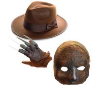Set costume da assassino dei sogni per adulti, cappello Fedora, maschera e artiglio, set di accessori per travestimento da uomo da incubo per adulti