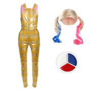 Set costume da assistente da clown da donna, taglia XL, top rosa, salopette dorate, parrucca bionda e pittura per il viso, costume di Halloween ispirato a Harley Quinn