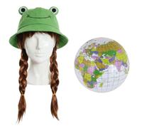 Set costume da attivista del clima - cappello verde rana, parrucca marrone treccia e globo gonfiabile - costume ambientale da ragazza per adulti e ragazzi Halloween Party Outfit