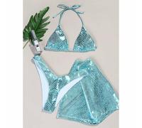 Set Costume da bagno 3 pezzi copri bikini celeste metallico triangolo slip a V