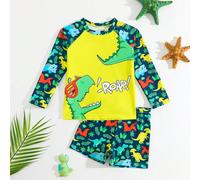 Set costume da bagno di pantaloncini e maglietta a maniche lunghe con stampa di dinosauri tropicali per ragazzi in estate 6Y,7Y,4Y,5YAnimale,Fumetto,Lettere,Piante,DinosauroTessuto
