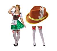 Set costume da cameriera bavarese da donna Oktoberfest, cappello e calze | abito bavarese verde e marrone, cappello di piume marroni, calze bianche, fiocco rosso, costume oktoberfest, S-XXL