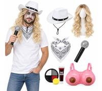 Set costume da cantante zombie per adulti, parrucca, cappello e microfono | Set di 6 pezzi, parrucca bionda con cappello da cowgirl, bandana, microfono, pittura per il viso, sangue finto, taglia unica