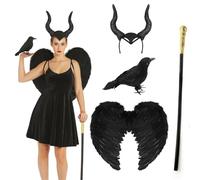 Set costume da cattiva fata oscura - vestito nero, fascia per capelli in corno, ali, corvo Prop & Staff - Halloween e travestimento