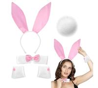 Set costume da coniglietto da donna con accessori, orecchie da coniglio, collare con fiocco, maniche e coda, per feste e Halloween, 4 pezzi, colore bianco