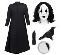 Set costume da corvo per adulti, taglia XL, con spolverino nero lungo, parrucca ondulata nera, puntello per corvo, rossetto e pittura per il viso, perfetto per travestimenti da personaggio