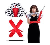 Set costume da dalmata da donna per Halloween, scialle dalmata, mantello bianco e nero, guanto rosso anni '20, supporto in plastica per travestimenti da diva crudele, accessori per costumi
