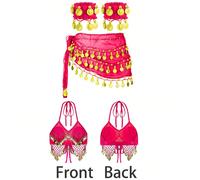 Set costume da danza del ventre - Catena per vita + Bracciale + Reggiseno con nappe, Accessori per danza del ventre Rosso brillante, stile A, reggiseno + fascia per i fianchi + braccialetto,Blu lago,