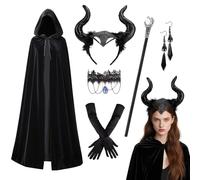 Set costume da diavoletta per donna, 6 pezzi, mantello nero con cappuccio, bastone, corna da diavoletta, orecchini, collana gotica, guanti per costume di Halloween, costume da diavolettai (140 cm)