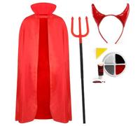 Set costume da diavolo, mantello rosso, forchetta da diavolo Tridente, 109 cm, pittura per il viso e spugna, costume per Halloween per adulti e ragazzi