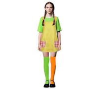 Set costume da donna a calza lunga, vestito Pippi, grembiule e calze verdi arancioni, costume da Pippi per adulti per Halloween World Book Day Dress Up