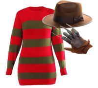 Set costume da donna Dream Killer, a righe, con cappello e guanto a artiglio, costume horror per Halloween, feste spaventose e cosplay