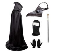 Set costume da dottore della peste, maschera da medico della peste, con naso lungo, maschera retrò in pelle con becco di uccello, guanti neri, mantello con cappuccio, bastone, per Halloween, cosplay