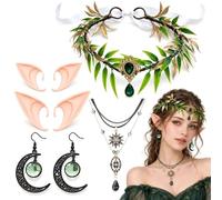Set costume da elfo, orecchie di due dimensioni, copricapo a foglia e | Kit di 5 pezzi per acconciature fantasy, con copricapo annodato con nastro, collana a strati e orecchini a mezzaluna per