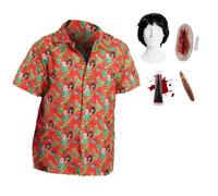 Set costume da gangster di Miami da uomo, camicia hawaiana rossa, parrucca nera, sangue finto, cicatrice e sigaro di scena - Halloween per adulti per feste ed eventi