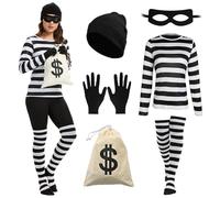 Set costume da ladro da donna, maglietta a righe, berretto, maschera, guanti, sacchetto per soldi e scaldamuscoli a righe per Halloween e cosplay (taglia unica: M)