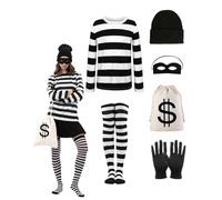 Set costume da ladro da donna, maglietta a righe bianche e nere, calze al ginocchio, maschera per gli occhi e cappello, per adulti