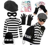 Set costume da ladro per bambini, maglietta a maniche lunghe a righe, cappello piatto, maschera per gli occhi, guanti, oggetti di scena e borsa per festoni - classico vestito da rapinatore per ragazzi