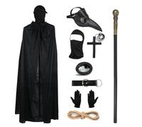 Set costume da medico della peste, maschera da uccello in pelle retrò, becco lungo, becco da uccello, maschera nera con cappuccio, guanti neri, maschera integrale, canna, collana con croce, fibbia ad