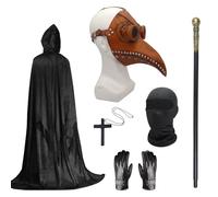 Set costume da medico della peste, maschera per Halloween, maschera nera con becco lungo, con mantello nero con cappuccio, collana a croce, guanti, bastone e maschera integrale per feste di Halloween