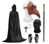 Set costume da medico della peste, maschera per Halloween, maschera nera con becco lungo, con mantello nero con cappuccio, collana a croce, guanti, bastone e maschera integrale per feste di Halloween