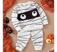 Set costume da mummia di Ognissanti 2 pezzi, unisex per bambini, felpa a maniche lunghe con girocollo e motivo a righe con occhi cartoni animati, pantaloni jogger con vita elastica, outfit casual per 