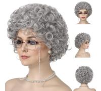 Set Costume da Nonna da 4 Pezzi Costume da Vecchia Signora di Halloween per Donna Include Parrucca Grigia, Parrucca da Nonna Riccia, Collana di Perle, Catena per Occhiali e Accessori, Divertente