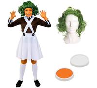 Set costume da operaia della fabbrica, taglia M, gonna salopette bianca, top marrone con parrucca verde e pittura per il viso arancione e bianca, per bambini, per la Giornata mondiale del libro e