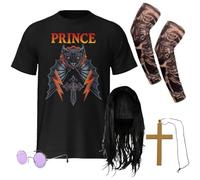 Set costume da principe delle tenebre - XL - T-shirt nera con grafica nera, parrucca lunga nera, occhiali rotondi, collana con croce e maniche tatuate, per feste ed eventi