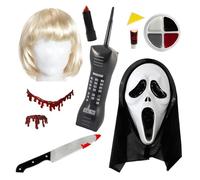 Set costume da serial killer e Casey, maschera Screamer, coltello, parrucca, telefono, accessori per il sangue, trucco e rossetto, ideale per Halloween e travestimenti