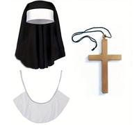 Set costume da suora per Ognissanti (include velo, sciarpa, croce), gioco di ruolo da missionaria e clero, set per spettacolo teatrale e festa in maschera, adatto per il rientro a scuola, feste a tema
