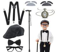 Set costume da uomo anziano, accessori per cosplay con cappello, occhiali, baffi, bretelle, cravatta, orologio per 100 giorni di scuola, feste di Halloween