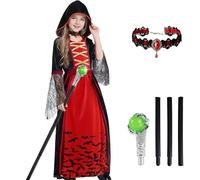 Set costume da vampira reale per bambina - Misterioso abito da con cappuccio, bastone da passeggio da regina e collana di cristallo, di Halloween gotico vittoriano da Dracula, costume di carnevale