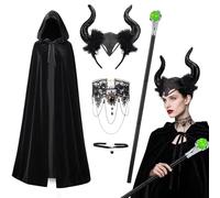 Set costume di Halloween da donna - 5pcs- Mantello con cappuccio Malefica, copricapo con corna, bacchetta magica Malefica e collana gotica pizzo,mantell diavoletta 150 cm,diavoletta,carnevale,cosplay