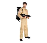 Set Costume Ghostbusters per Uomo e Donna, Tuta Intera Beige con Zaino a Protoni Gonfiabile e Targhette con Nome, Outfit per Halloween e Carnevale
