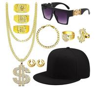 Set costume Hip Hop, travestimento da rapper anni '90, accessori con collana disco in oro finto con simbolo del dollaro, bracciale, anelli, orecchini, occhiali da sole e Boom Box radio gonfiabile, per