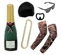 Set costume Ibiza per adulti con parrucca tagliata a ciotola, maniche finte, paralumi a catena dorata, bottiglia di champagne gonfiabile da 1,8 m e pizzetto adesivo, divertente addio al celibato