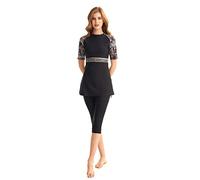 Set Costume Mare Musulmano：Top Maniche Corte + Pantaloncini + Copricapo, Protezione Solare per Vacanze Estive(S4, XL)