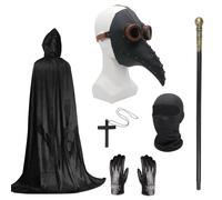 Set Costume Medico della Peste, Maschera di Halloween con Becco Lungo Nero, Mantello Nero con Cappuccio, Collana Croce, Guanti, Bastone, Maschera Completa per Festa di Halloween, Carnevale Punk