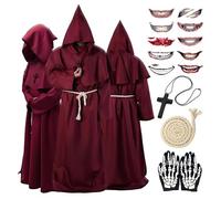 Set Costumi Da Monaco Sacerdote Per Halloween, Costume Da Monaco Nero, Costume Da Mago Medievale Rinascimentale Con Cappuccio, Corda In Vita, Guanti A Teschio, Perfetto Per Cosplay Di Halloween (XL)