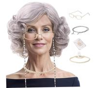 Set costumi da nonna 4 pezzi, set parrucca da vecchia signora include parrucca grigia da nonna riccia, collana di perle, occhiali con catena e cappuccio per cosplay del 100° giorno di scuola