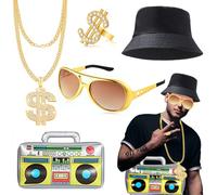 Set costumi hip hop, accessori per rapper hip hop da uomo anni '80 e '90, set costumi punk hip hop da 5 pezzi, anello per occhiali con catena dorata, cappello da pescatore radio gonfiabile