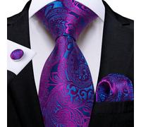 Set cravatta jacquard a fantasia paisley viola per uomo - include fazzoletto da taschino, gemelli e fermaglio cravatta dorato, adatto per occasioni formali Tribale,PianteTessuto
